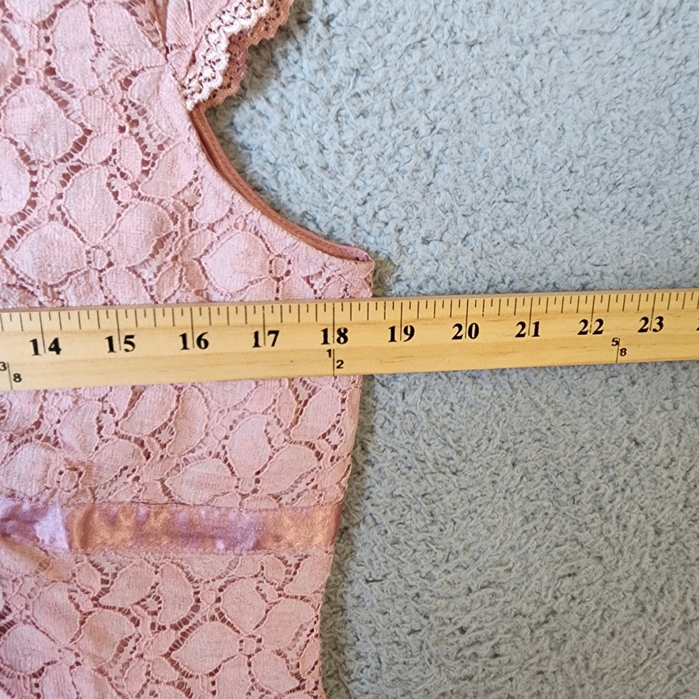 Y2K Merona Lace Blouse Women XL Pink Short Sleeve Empire Waist Satin Tie V-Neck - Picture 8 of 10